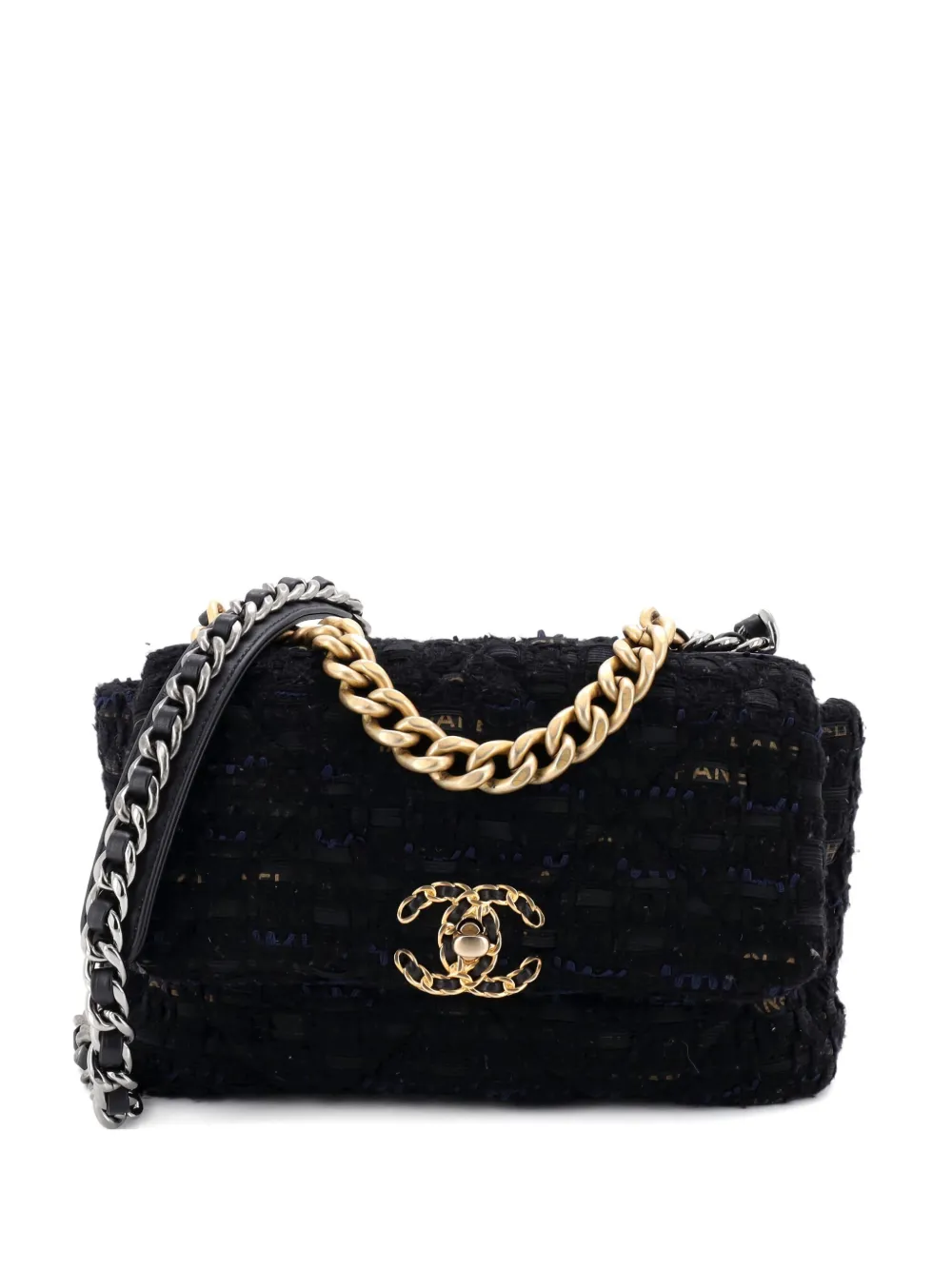Pre-owned Chanel 19 Flap Bag Quilted Tweed And Ribbon Medium Shoulder Bag In Black