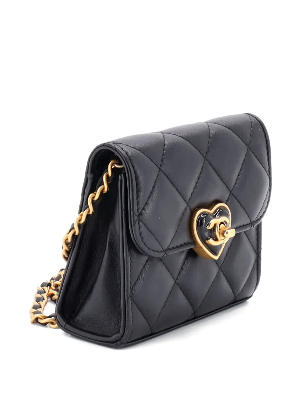 Pre-owned Chanel Coco Love Cc Heart Clutch With Chain Quilted Lambskin Mini Crossbody Bag In Black