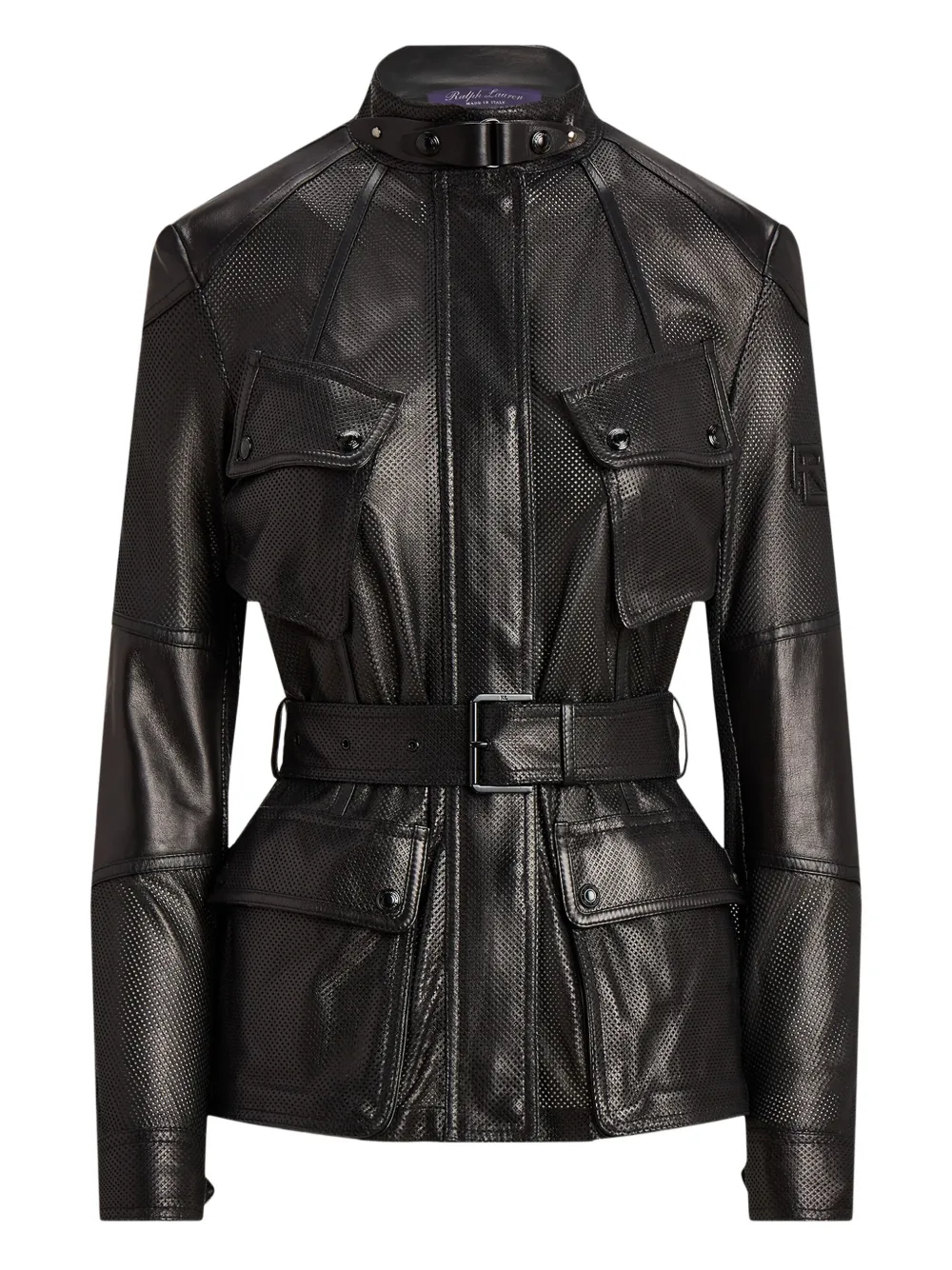 Ralph Lauren Belted Pockets Leather Jacket In Black