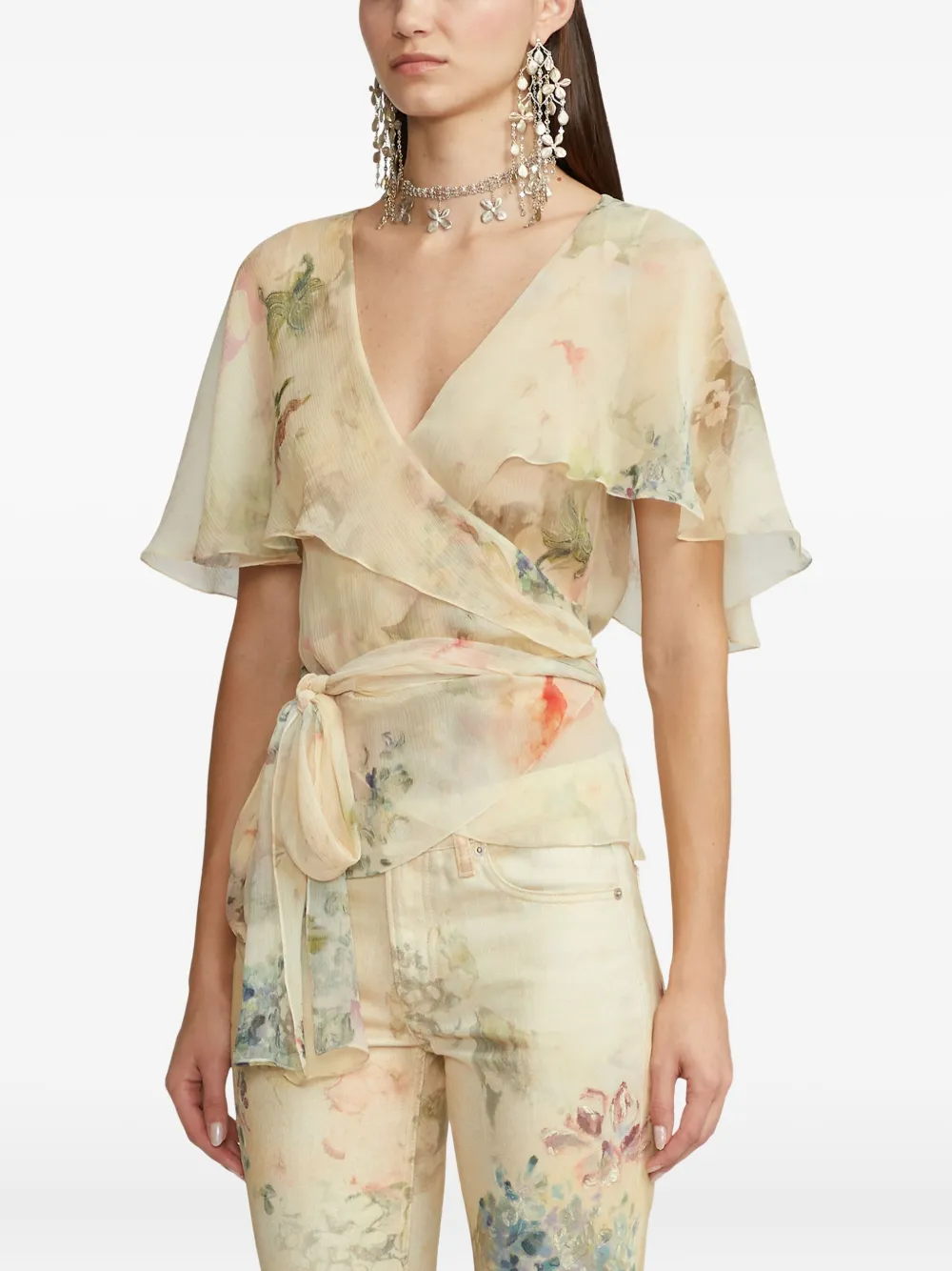 Ralph Lauren Ruffled Floral-pattern Silk Top In Multi