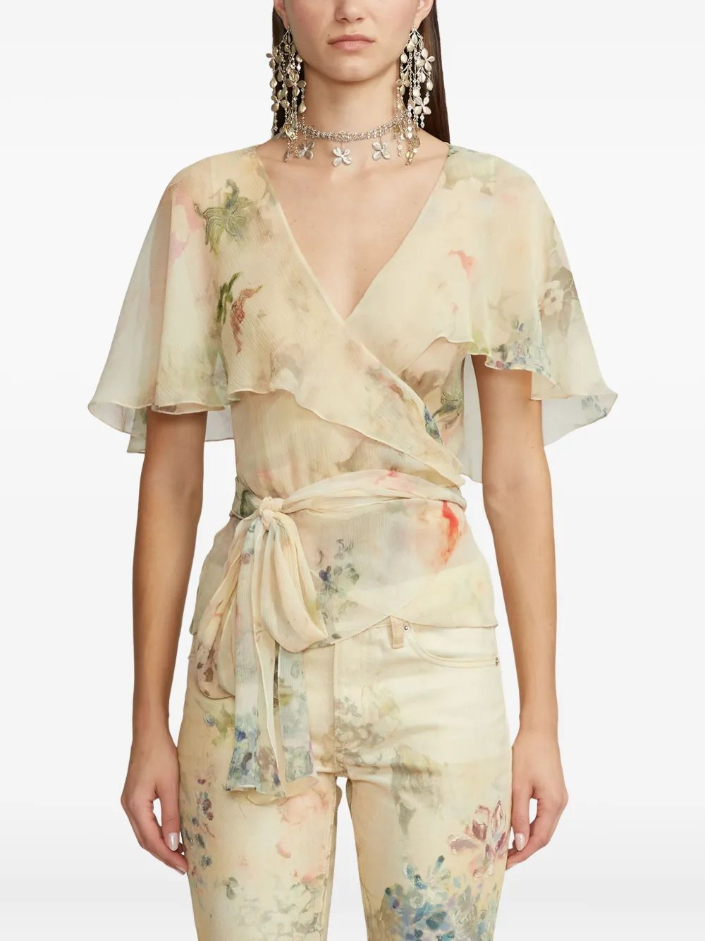 Ralph Lauren Ruffled Floral-pattern Silk Top In Multi