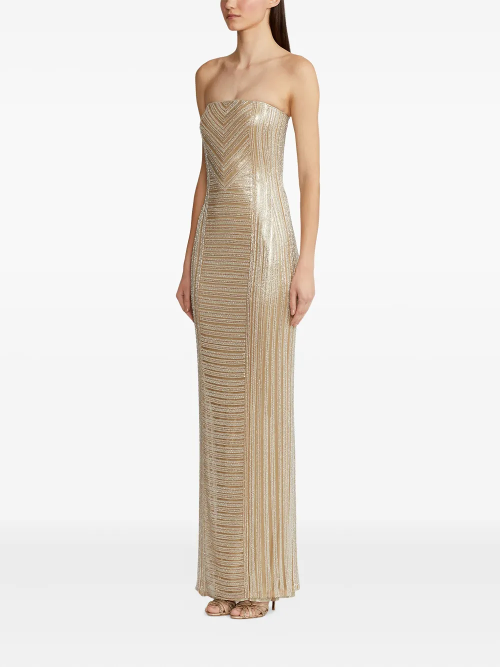 Ralph Lauren Collection Strapless maxi-jurk met chevron patroon Beige