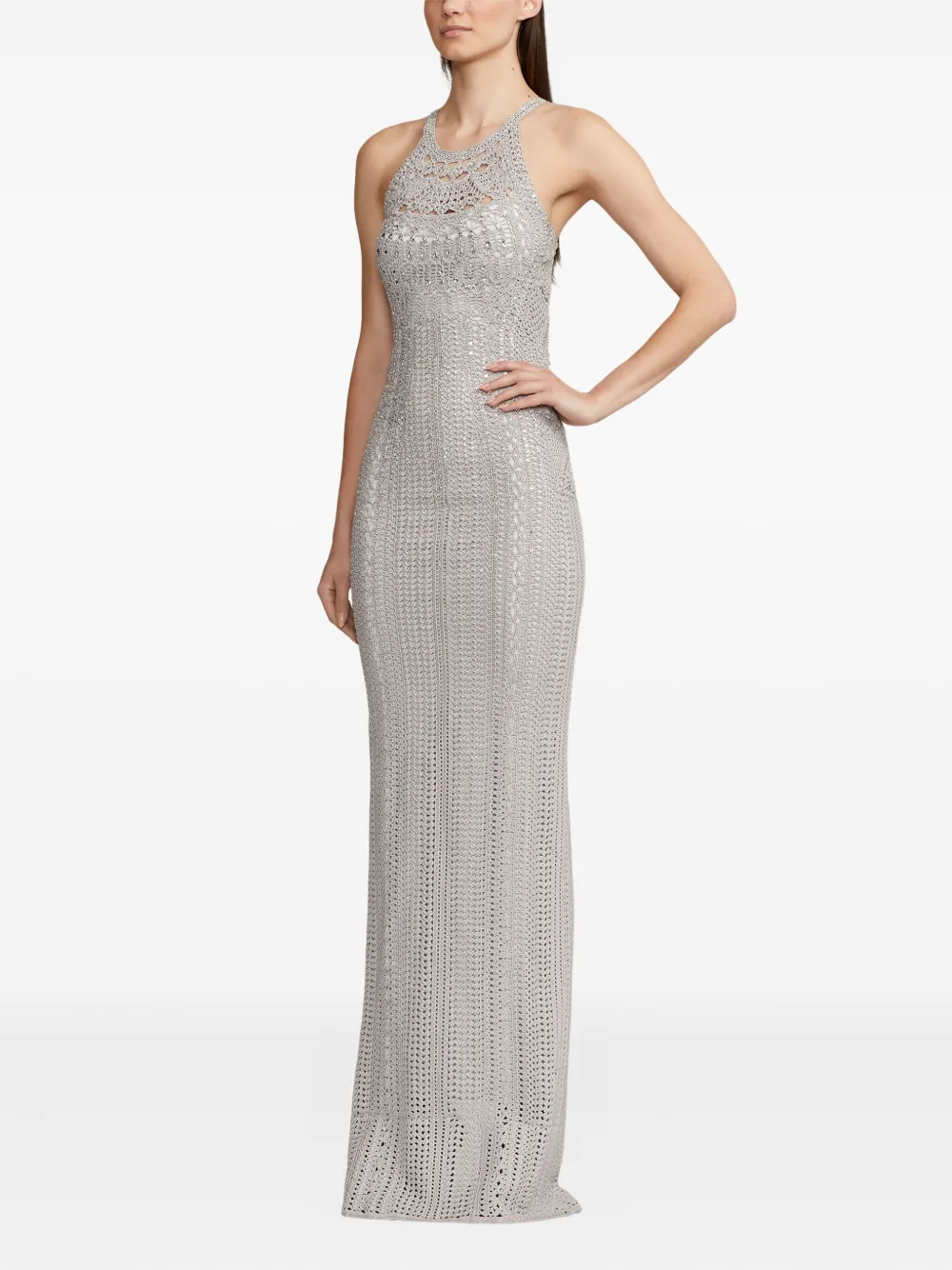 Ralph Lauren Collection Maxi-jurk met open rug en gehaakt detail Zilver
