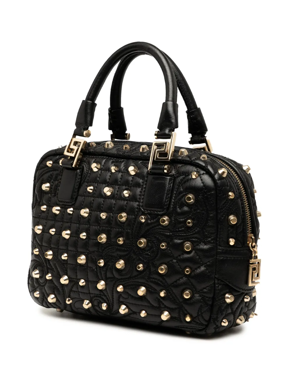 Pre-owned Versace 20th Century Barocco Quilted Nappa Studded Demetra Vanitas Handbag In Black