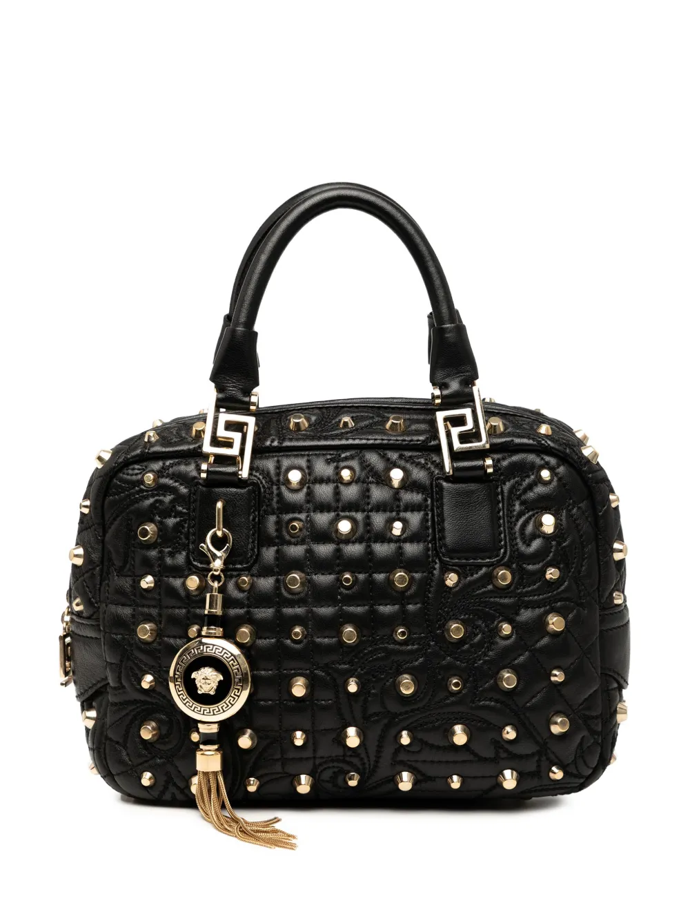 Pre-owned Versace 20th Century Barocco Quilted Nappa Studded Demetra Vanitas Handbag In Black