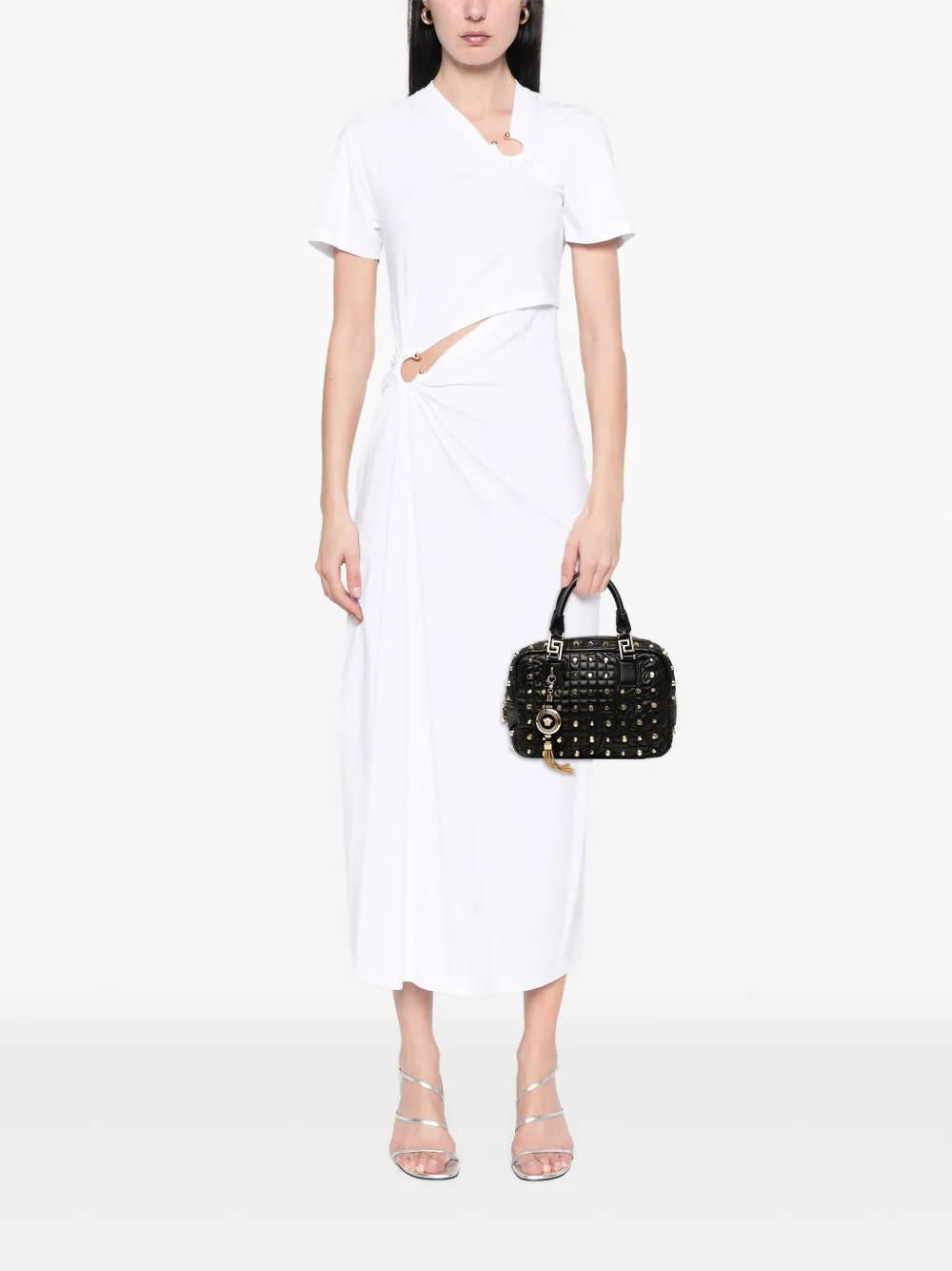Pre-owned Versace 20th Century Barocco Quilted Nappa Studded Demetra Vanitas Handbag In Black