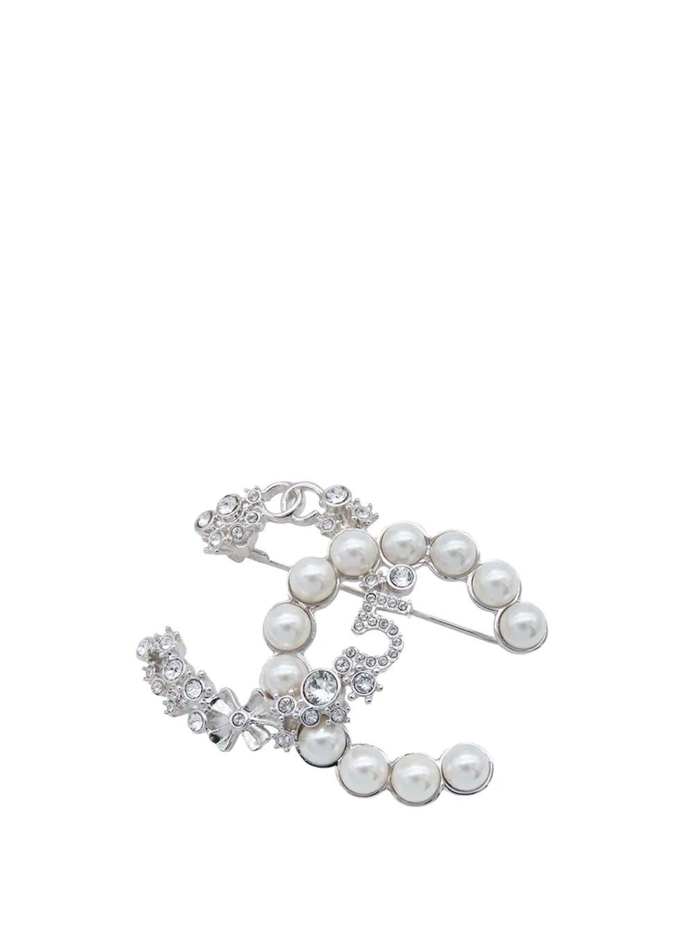 Pre-owned Chanel 2023 Silver Plated Cc Crystal Faux Pearl Star 5 Brooch Costume Brooch