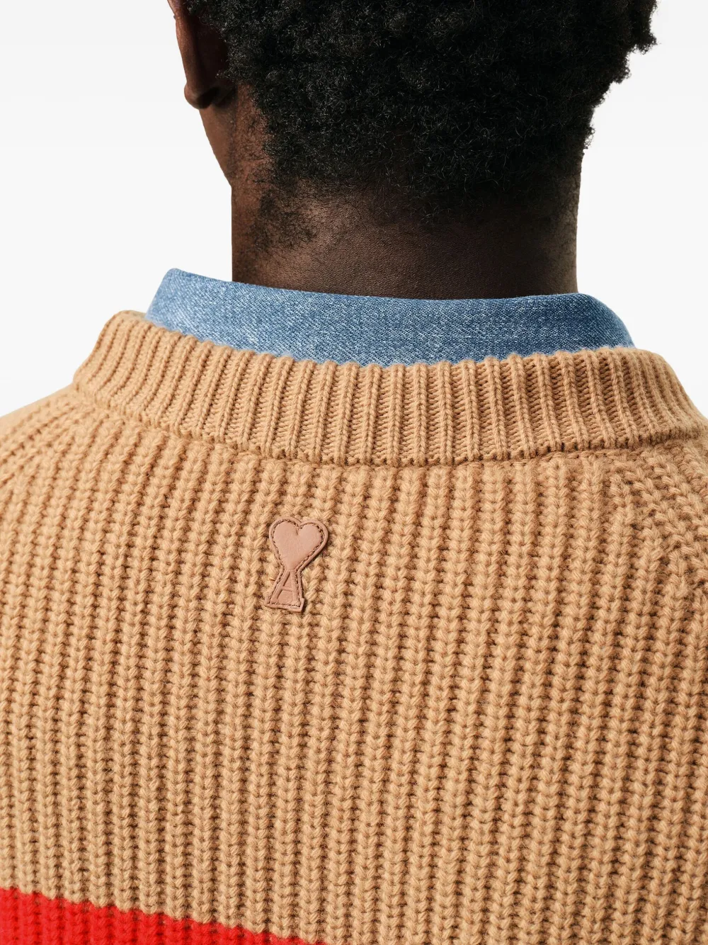 Ami Alexandre Mattiussi Brown Wool Round Collar With Cross Stitch Sweater Brown In Neutral