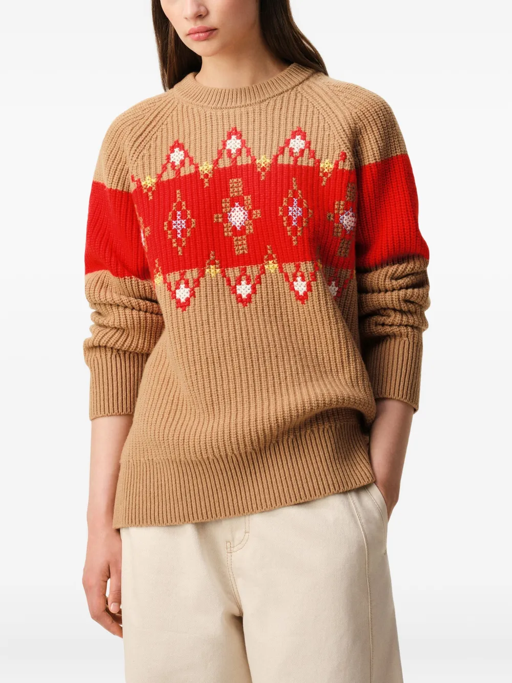 Ami Alexandre Mattiussi Brown Wool Round Collar With Cross Stitch Sweater Brown In Neutral
