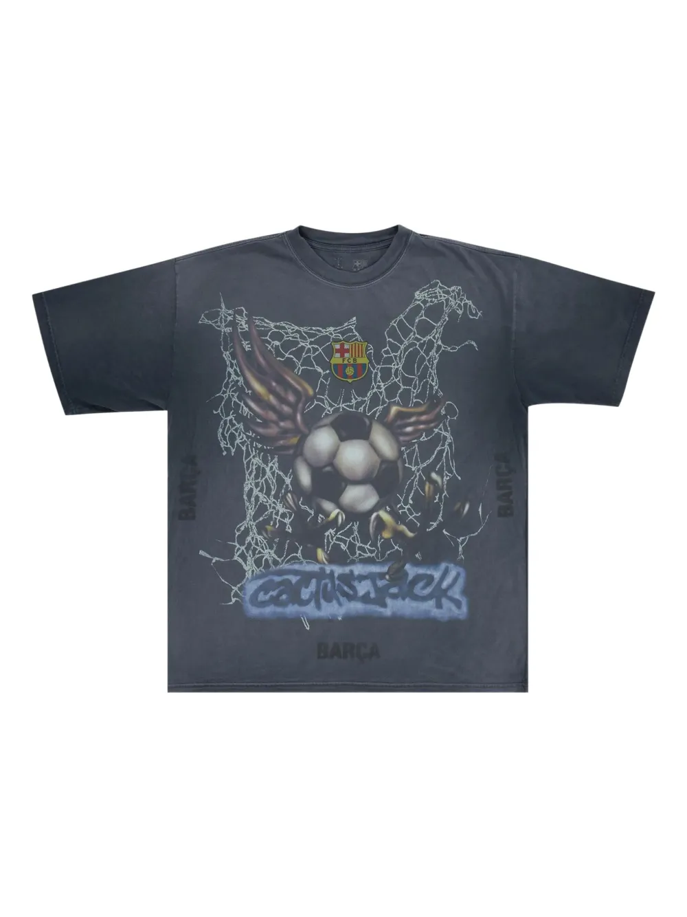 Travis Scott X Fc Barcelona Washed Spray Logo-print T-shirt In Gray