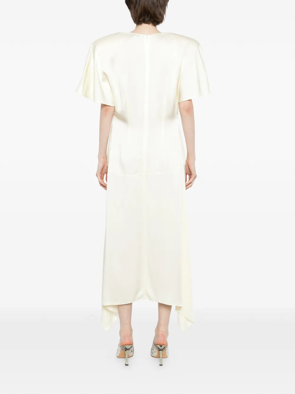 Stella McCartney Satijnen midi-jurk met korte mouwen en V-hals Beige