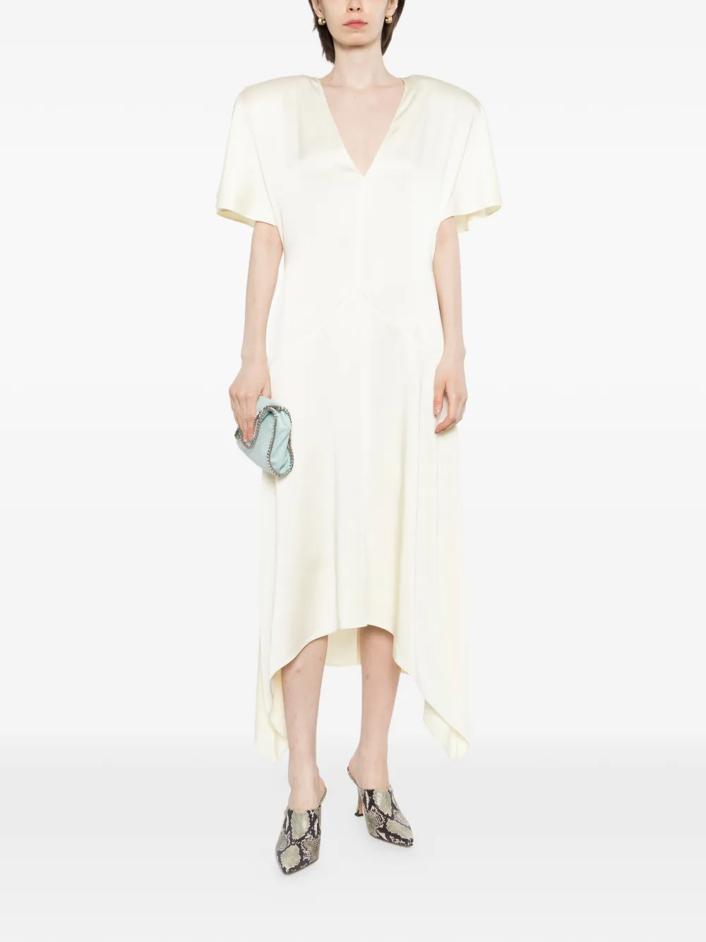 Stella McCartney Satijnen midi-jurk met korte mouwen en V-hals Beige