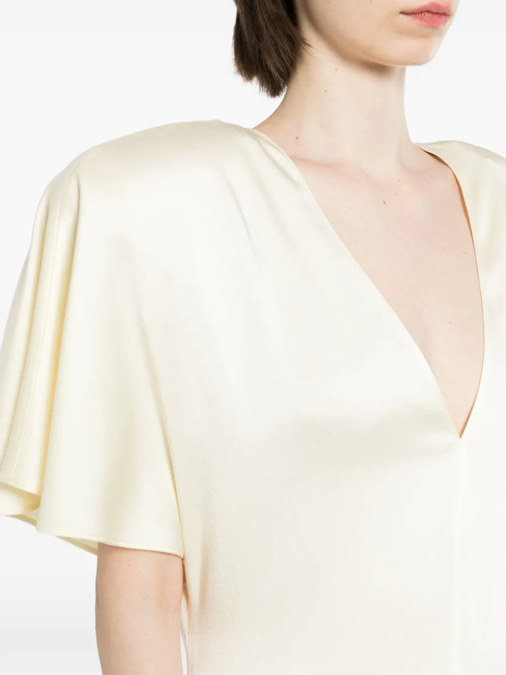 Stella McCartney Satijnen midi-jurk met korte mouwen en V-hals Beige
