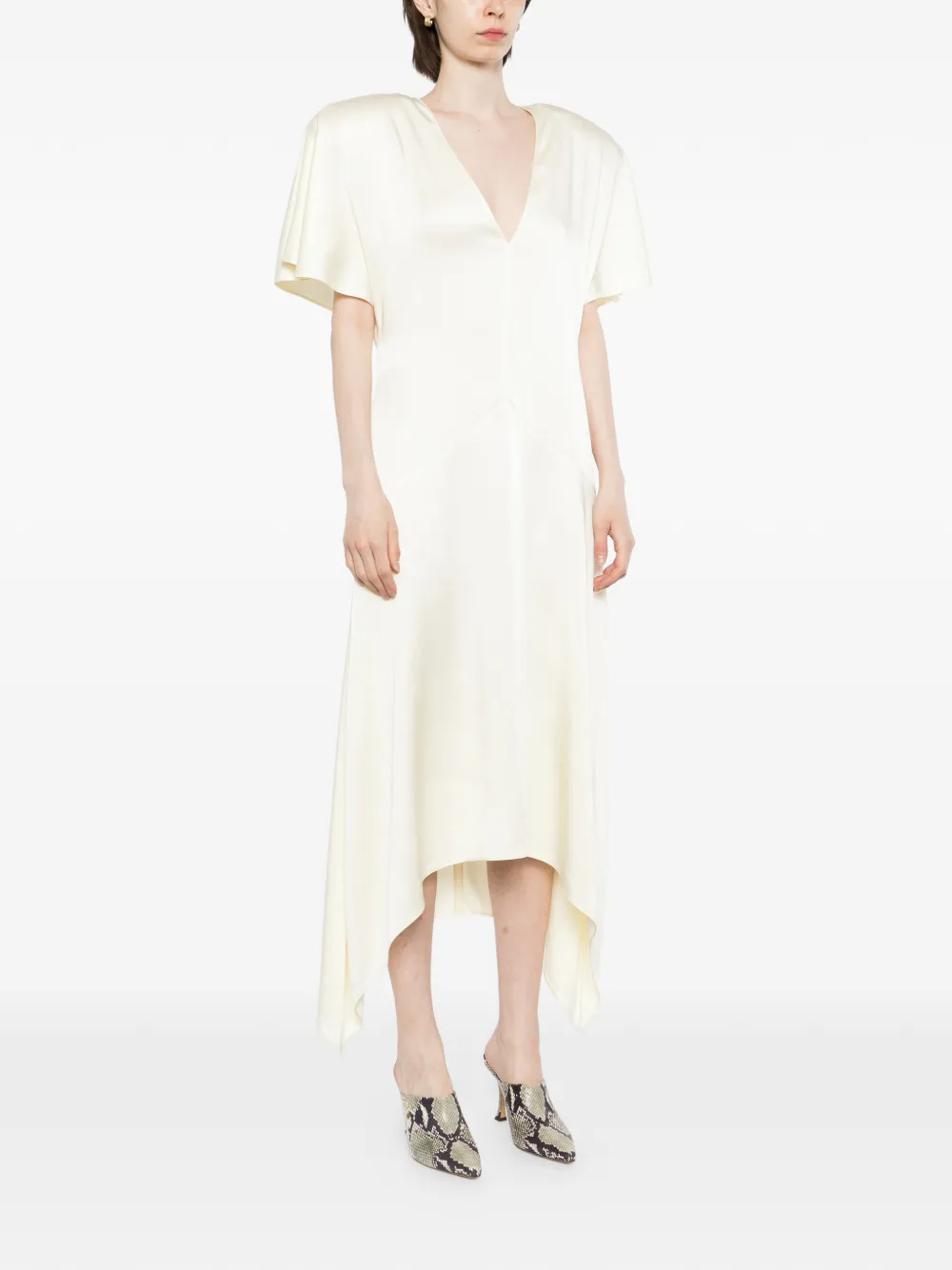 Stella McCartney Satijnen midi-jurk met korte mouwen en V-hals Beige