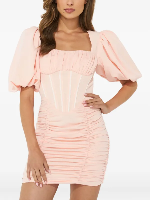ruched ruffle puff sleeve mini dress Formal Lady Ruched Ruffle Dress Short Mini Long Puff Sleeve Elegant Party  Dress