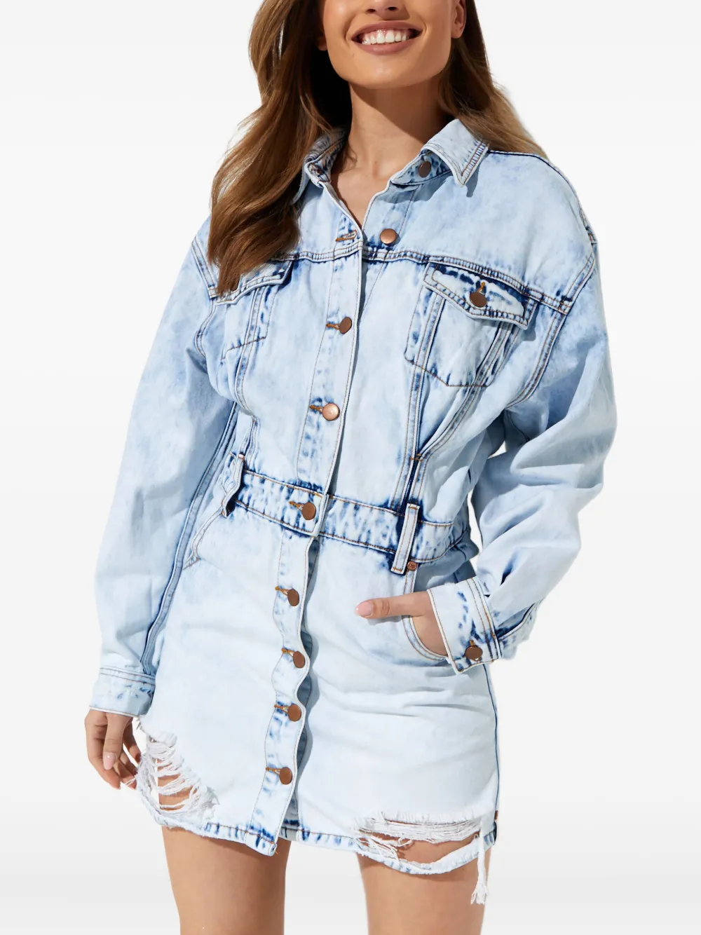 One Teaspoon Button Denim Mini Dress In Blue