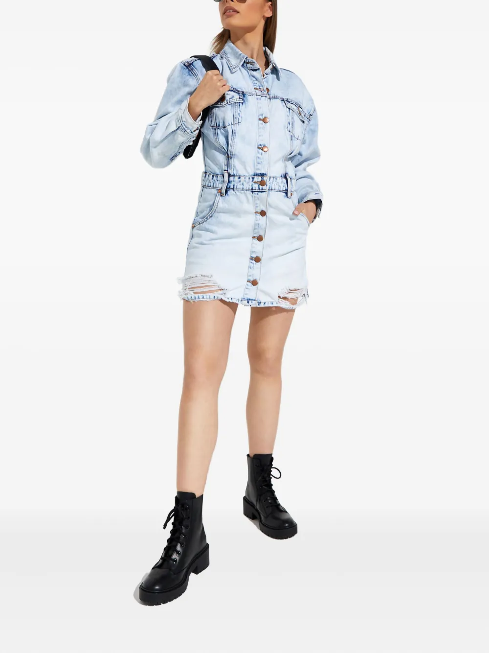 One Teaspoon Button Denim Mini Dress In Blue