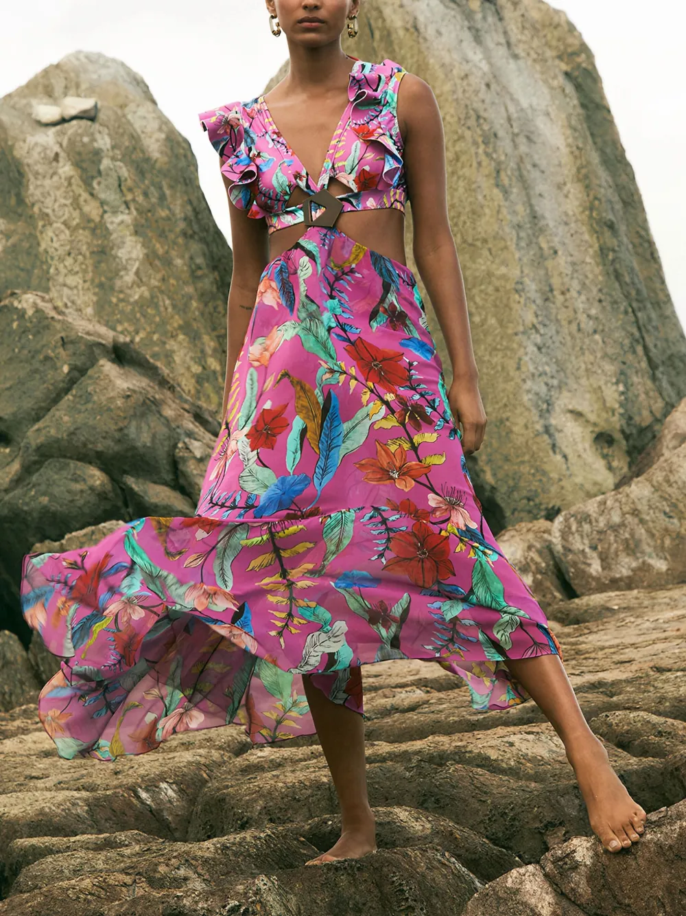 PatBO Zamia maxi-jurk met ruches en bloemen Roze