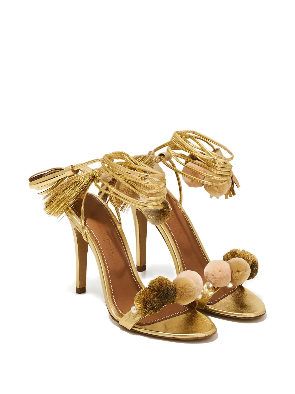 Alameda Turquesa 110mm Anna Golden pompom-detail sandals | Heeled Sandals | Image 2