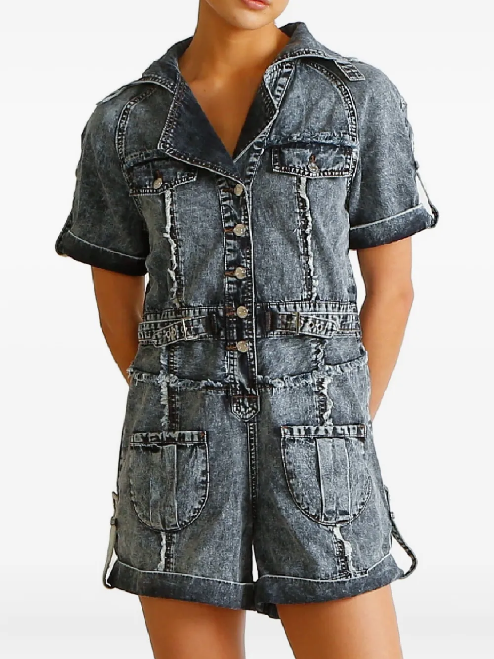 Ixiah Asha Frayed Playsuit In Gray