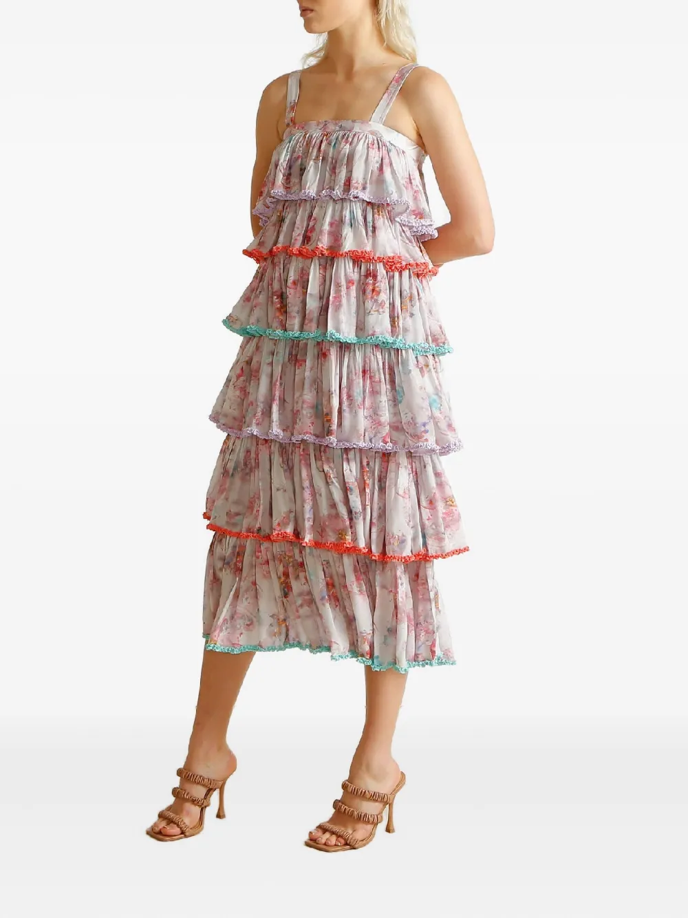 Ixiah Floret Ruffled Floral-print Midi Dress In Pink