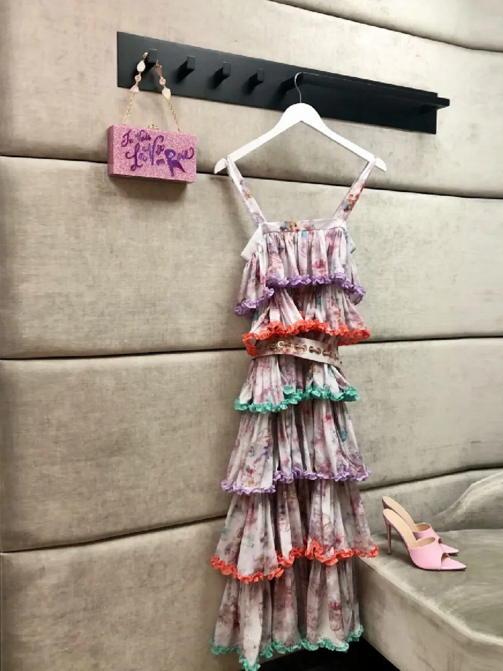 Ixiah Floret Ruffled Floral-print Midi Dress In Pink