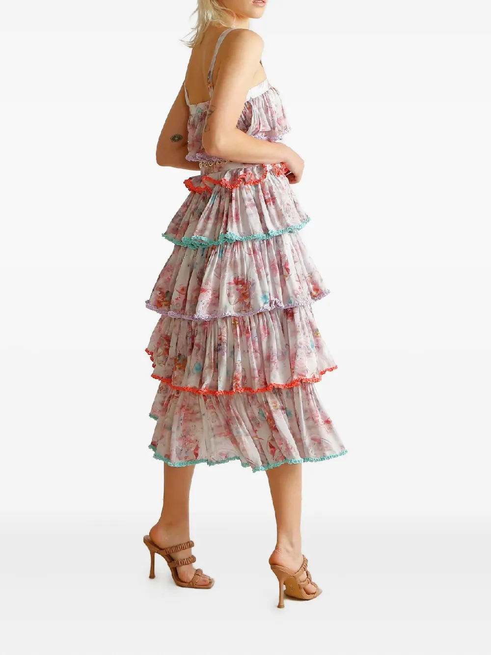 Ixiah Floret Ruffled Floral-print Midi Dress In Pink
