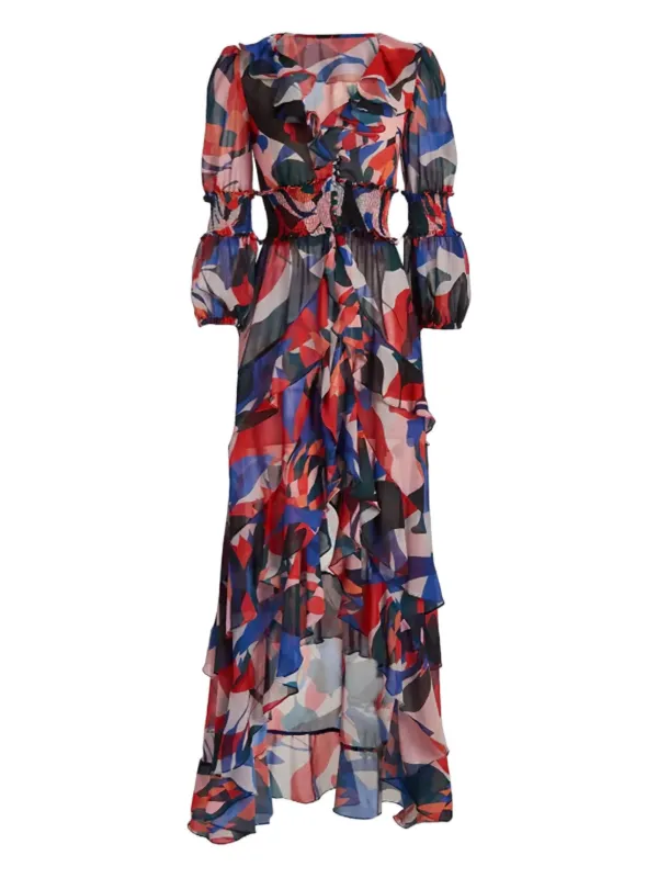 patbo blue dress PatBO Dress Carmen Blue Ruffled Floral Print Satin Size US 4 Asymmetri –  Celebrity Owned main image 1