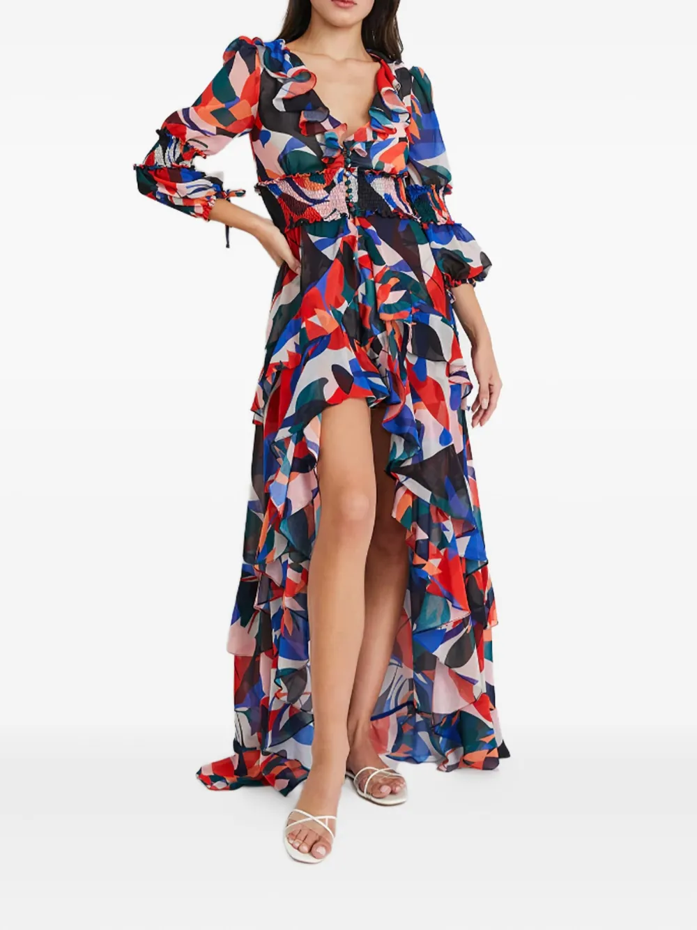 PatBO ruffled-printed asymetric dress - Blauw