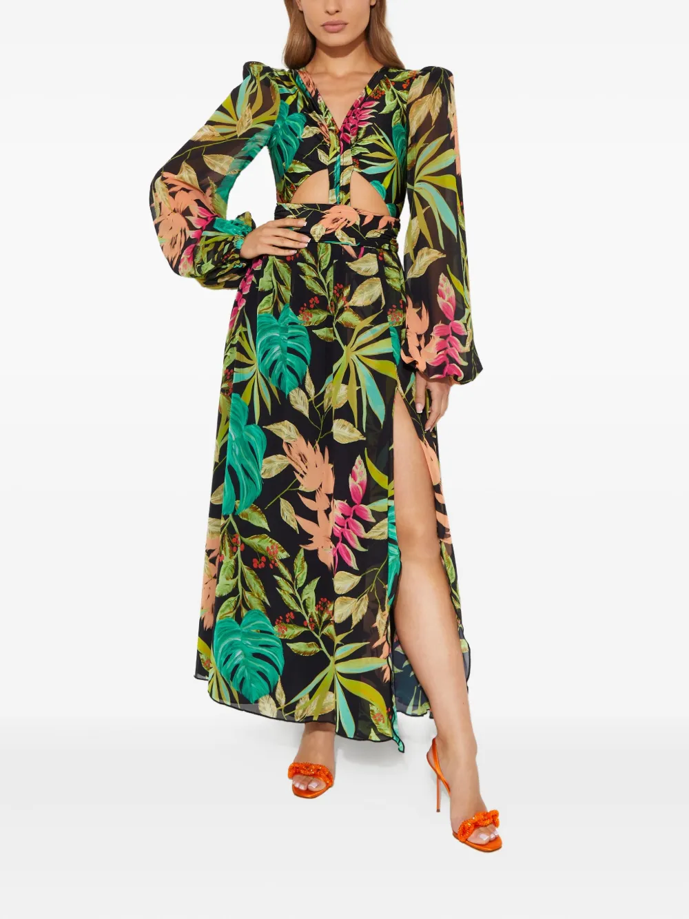 PatBO Tropicalia midi-jurk met bloemenprint - Zwart