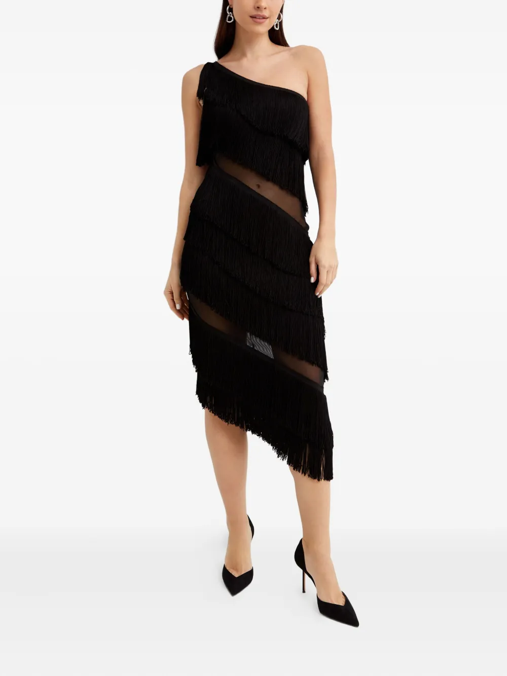 Norma Kamali fringed asymmetric midi dress | Black | Image 1