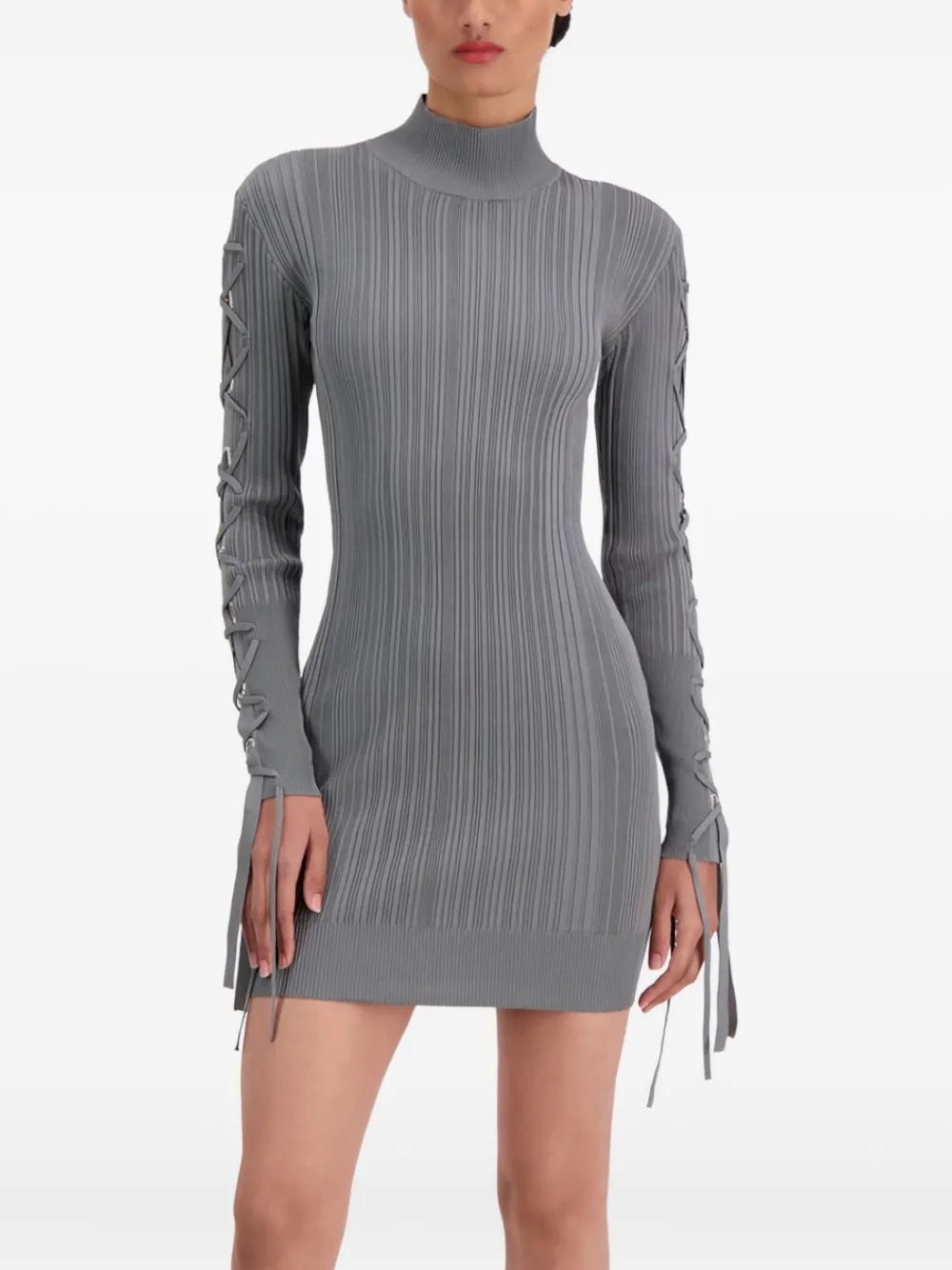 Herve Leger Ribbed Tie-detail Mini Dress In Gray