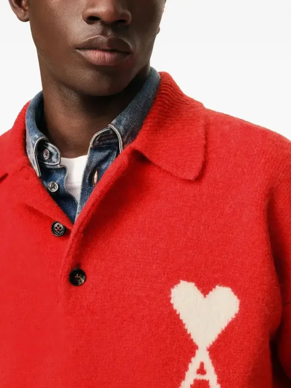 AMI Paris Holiday Capsule Intarsia Polo Sweater | Red | FARFETCH