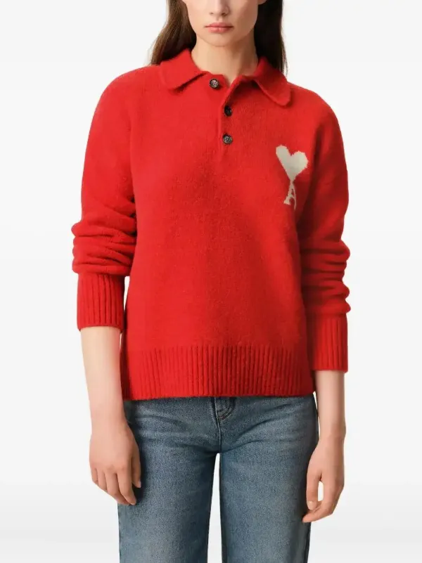 Ami Paris Sweater ポロ　ニット　セーター AMI Paris Holiday Capsule Intarsia Polo Sweater | Red | FARFETCH