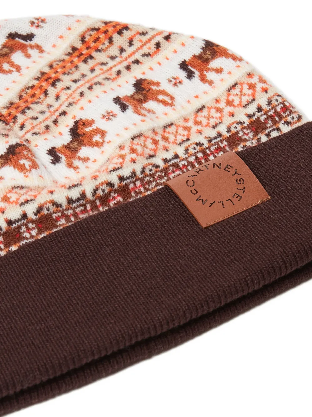 Stella Mccartney Fair Isle Horse-pattern Label Beanie In Brown