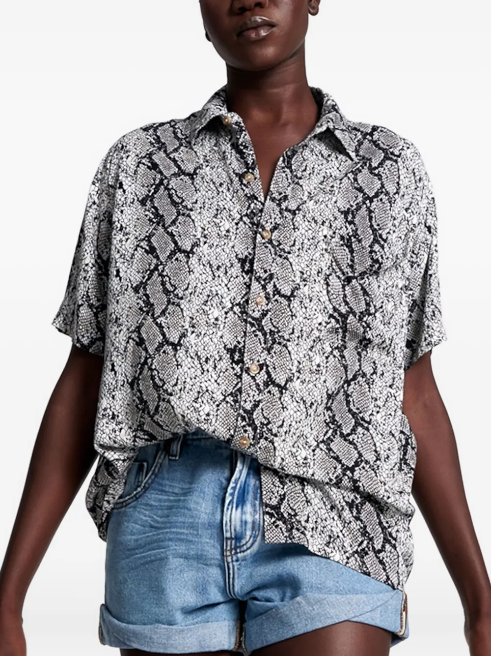 One Teaspoon Snake-print Short-sleeve Shirt In Gray