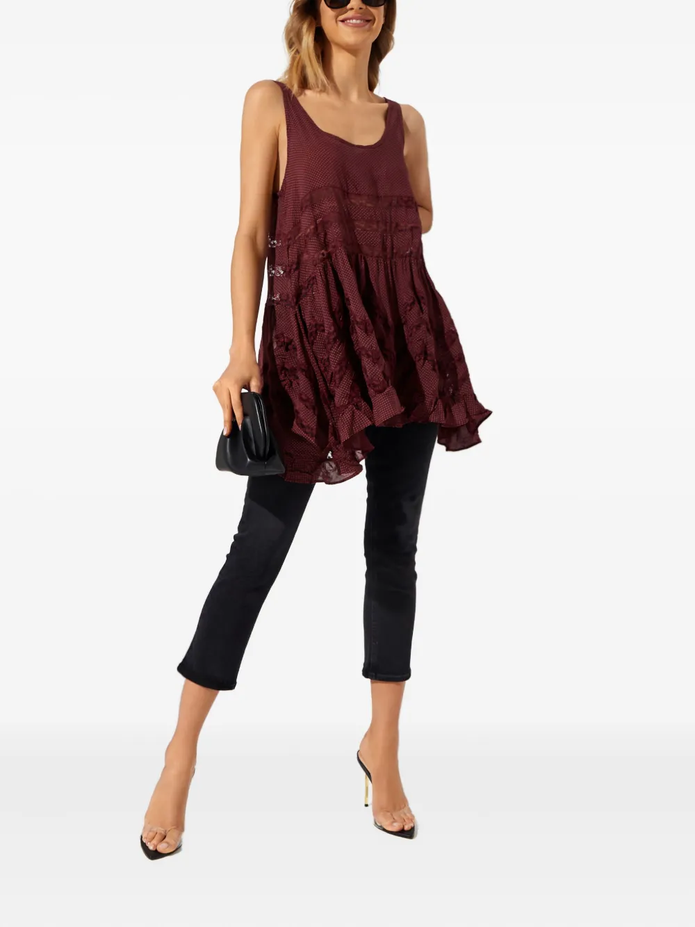  Free People Patterned Ruffled Top - Red 