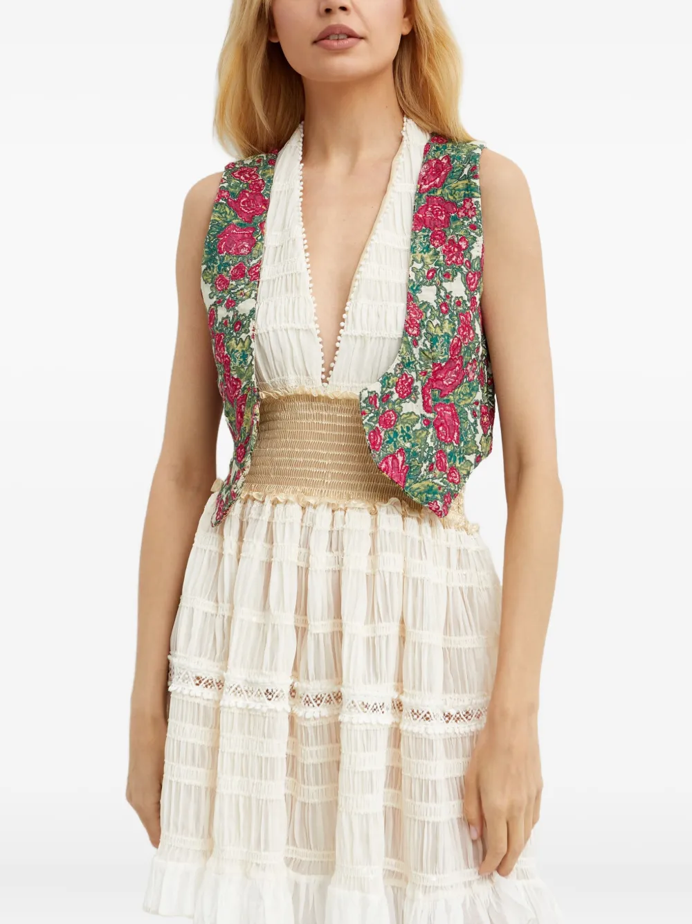 Hemant & Nandita Nova Cambric Floral-embroidered Waistcoat In Neutral