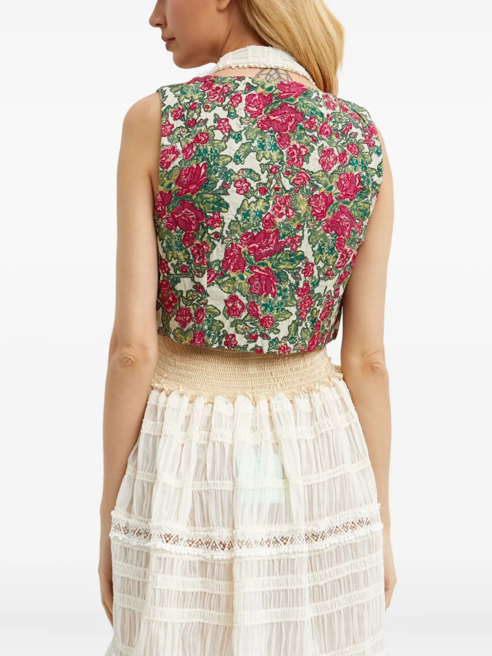 Hemant & Nandita Nova Cambric Floral-embroidered Waistcoat In Neutral
