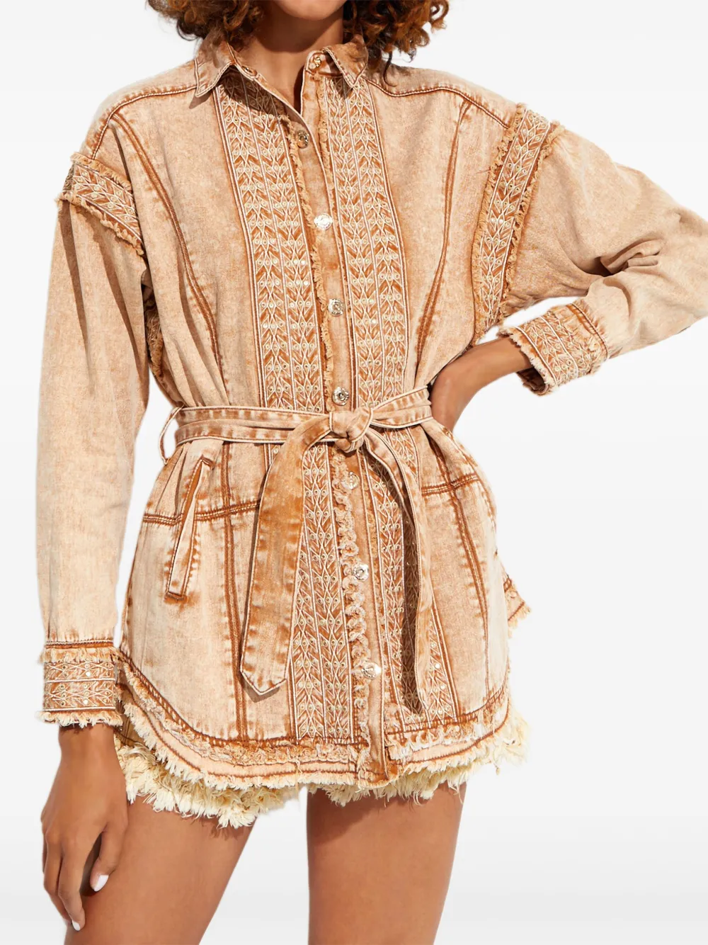 Ixiah Embroidered Denim Shirt Jacket In Neutral