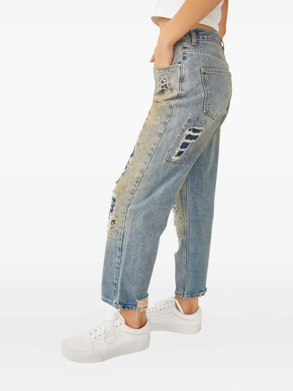 Free People Floral-print Distressed Jeans In Blue