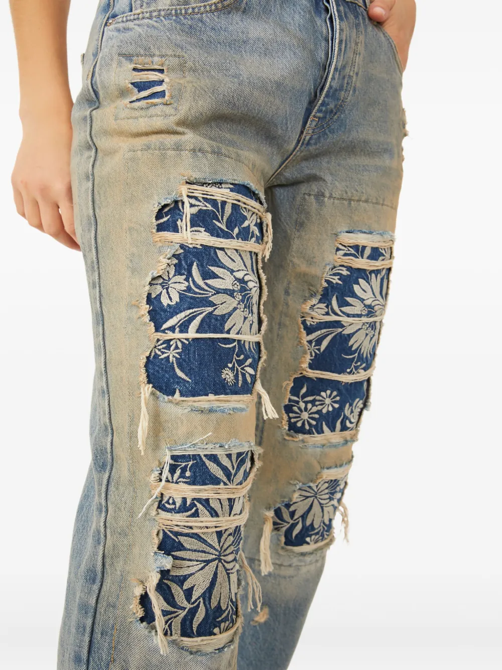 Free People Floral-print Distressed Jeans In Blue