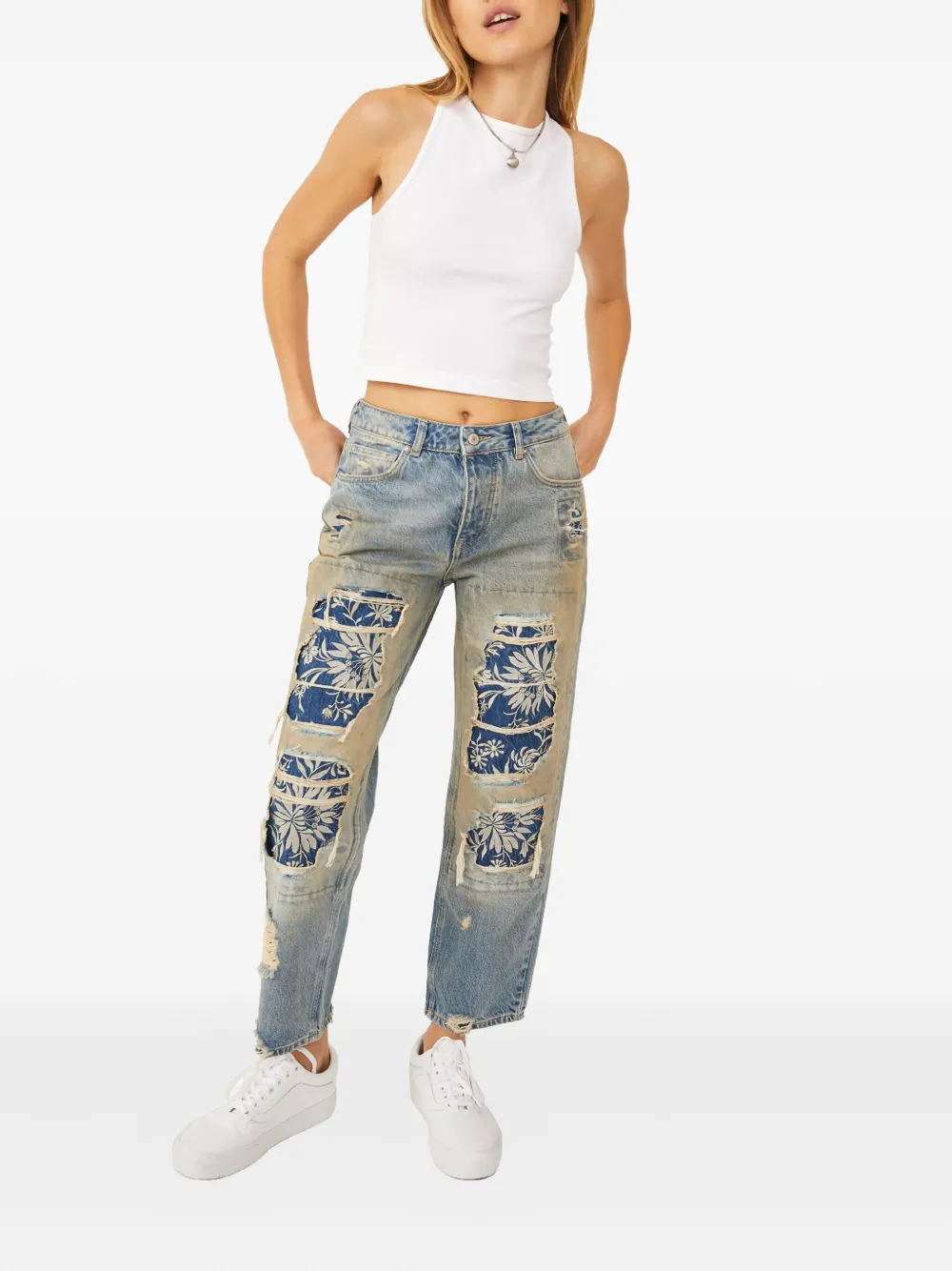 Free People floral-print distressed jeans - Blauw