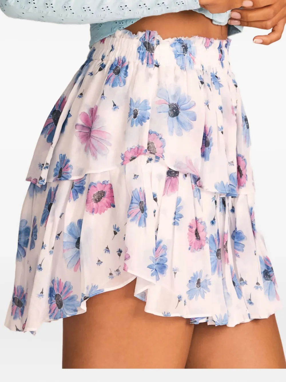 LoveShackFancy Mini-rok met bloemenprint en ruches Wit