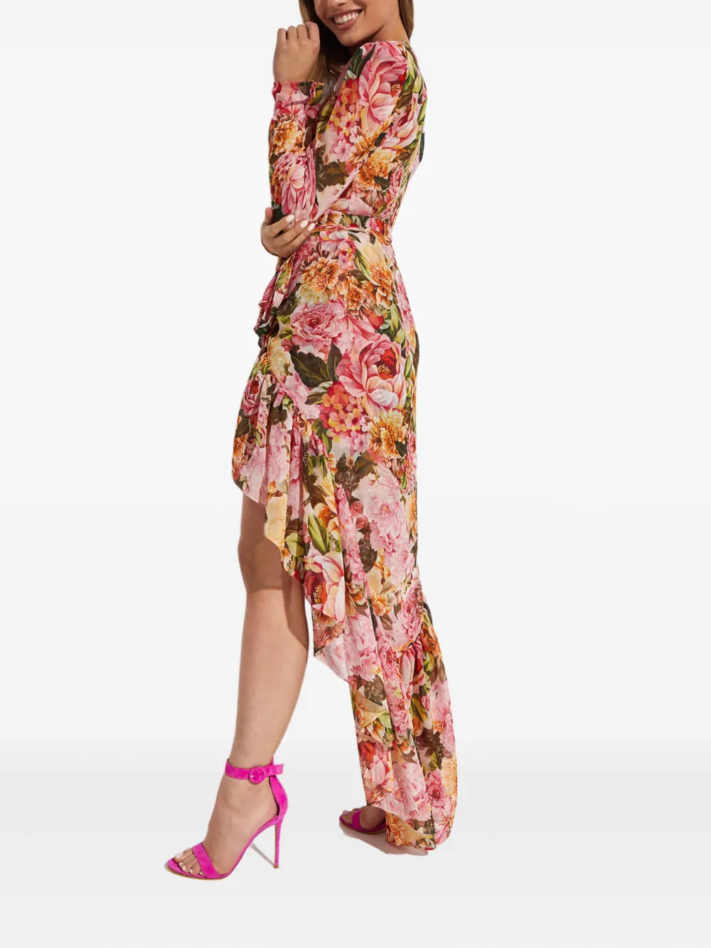 Bronx And Banco Asymmetric V-neck Floral Dress In Multi