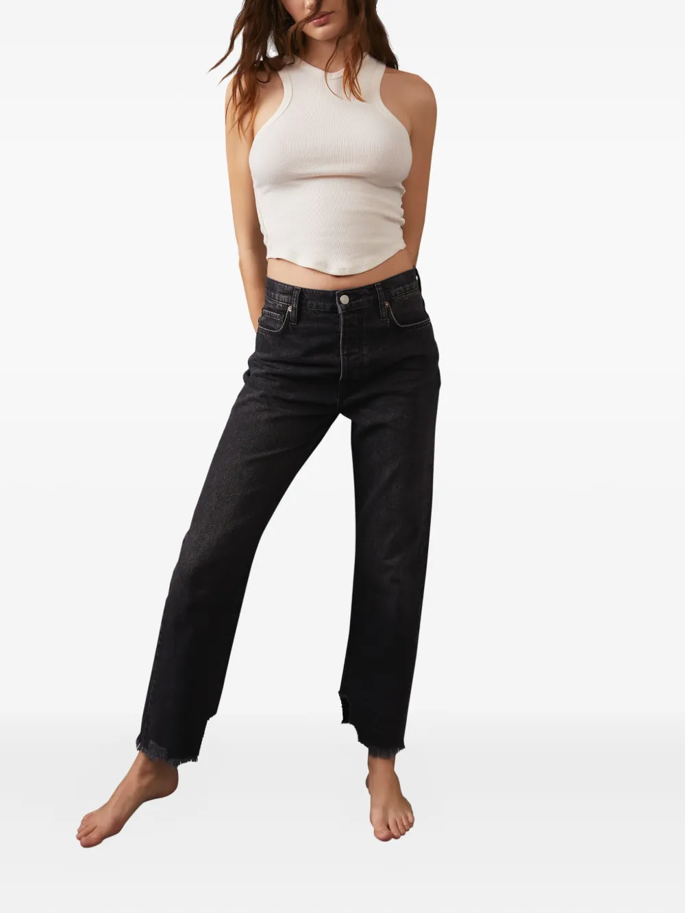 Free People Frayed-hem Cotton Jeans In Black