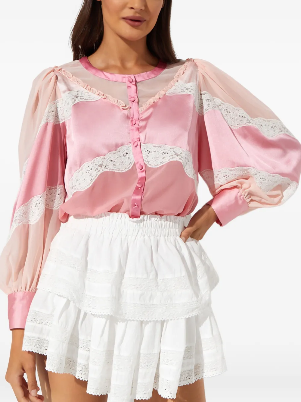 Loveshackfancy Zavia Lace-panelled Satin Blouse In Pink