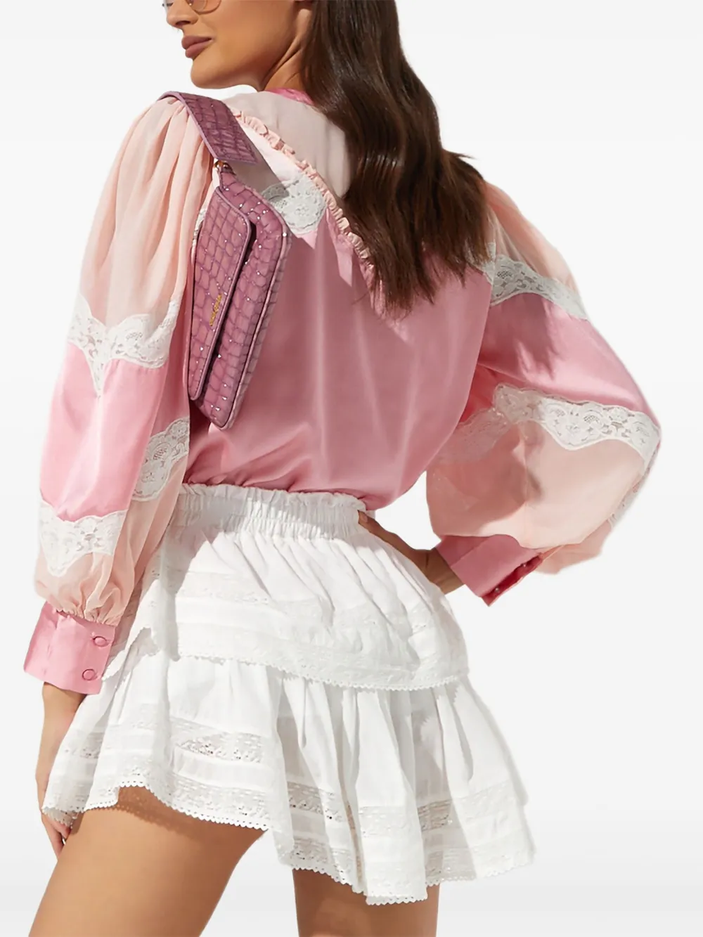 LoveShackFancy Zavia satijnen blouse met kanten vlakken Roze