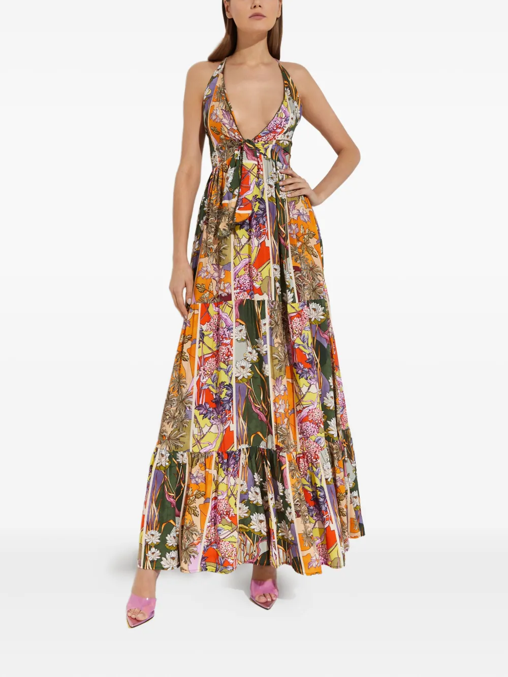 Agua Bendita Fairy Suki maxi-jurk met bloemenprint en gestrikte rug - Oranje