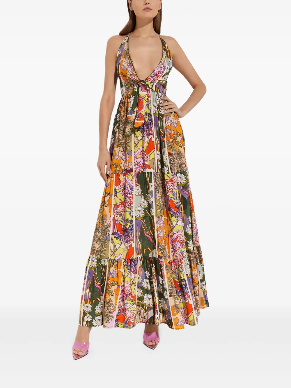 Agua Bendita Fairy Suki maxi-jurk met bloemenprint en gestrikte rug Oranje